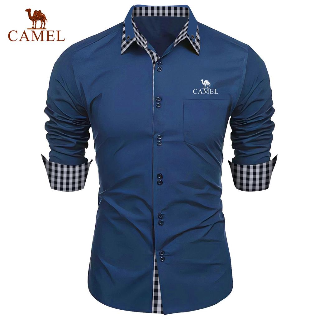 Camel Spring and Autumn New Fashion Men's Fashion Check Color Block Business Slim Fit Casual Shirt Embroidered Brand Long Sleeved Shirt