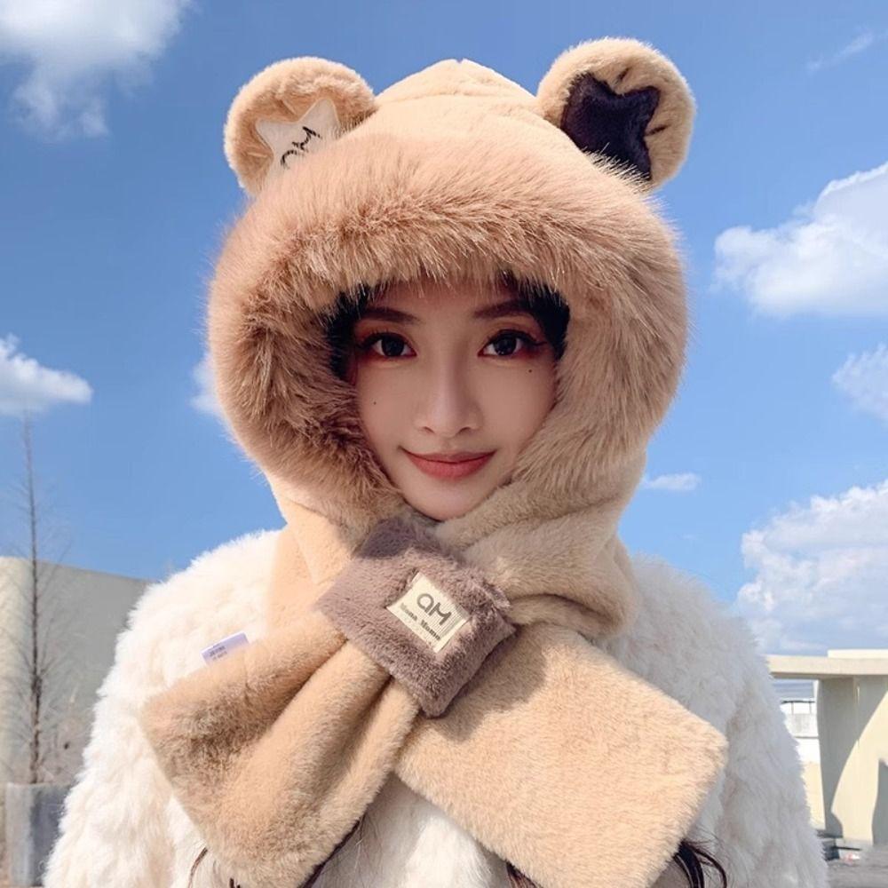 Windproof Thickened Cap Rabbit Ears Plush Scarf Hat Sweet Warm Cap Autumn Winter