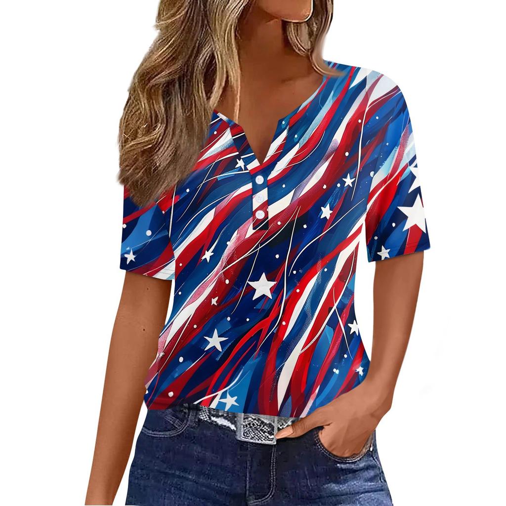 Women's T Shirt Independence Day Print Button Short Sleeve Daily Weekend Fashion Basic V- Neck Regular Top