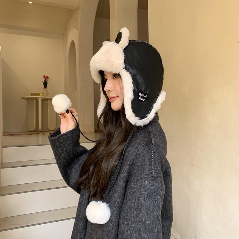 Women's Winter Leather Plush Lei Feng Hat with Panda Earmuffs - Windproof and Cute for Outdoor Cycling
