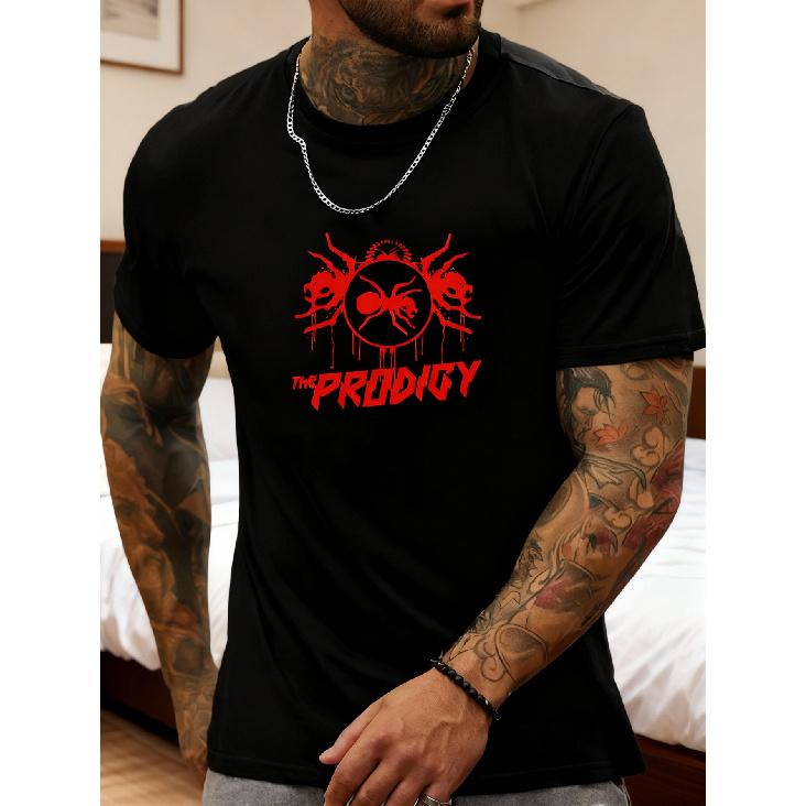 Мужская бежевая футболка THE PRODIGY с круглым вырезом и смелым красным текстом. Легкая, дышащая рубашка для повседневной и официальной одежды. Всесезонная.