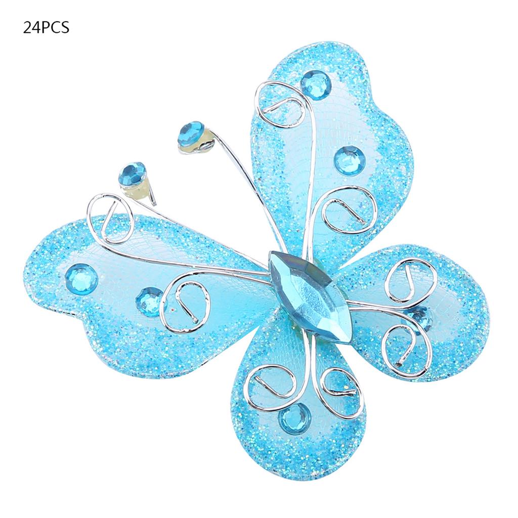 24pcs Sheer Mesh Wire Glitter Butterfly Wedding Party Clothing Decoration DIY Supplies Blue