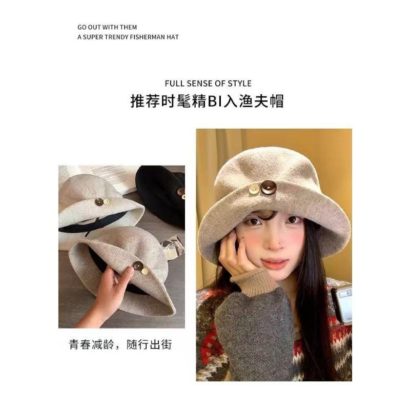 Korean Style Button Bucket Hat Autumn Winter Face Slimming Large Size
