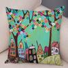 Colorful Cartoon House Pillowcase Retro Country Colors Urban Sofa Cushion Cover Home Car Decoration
