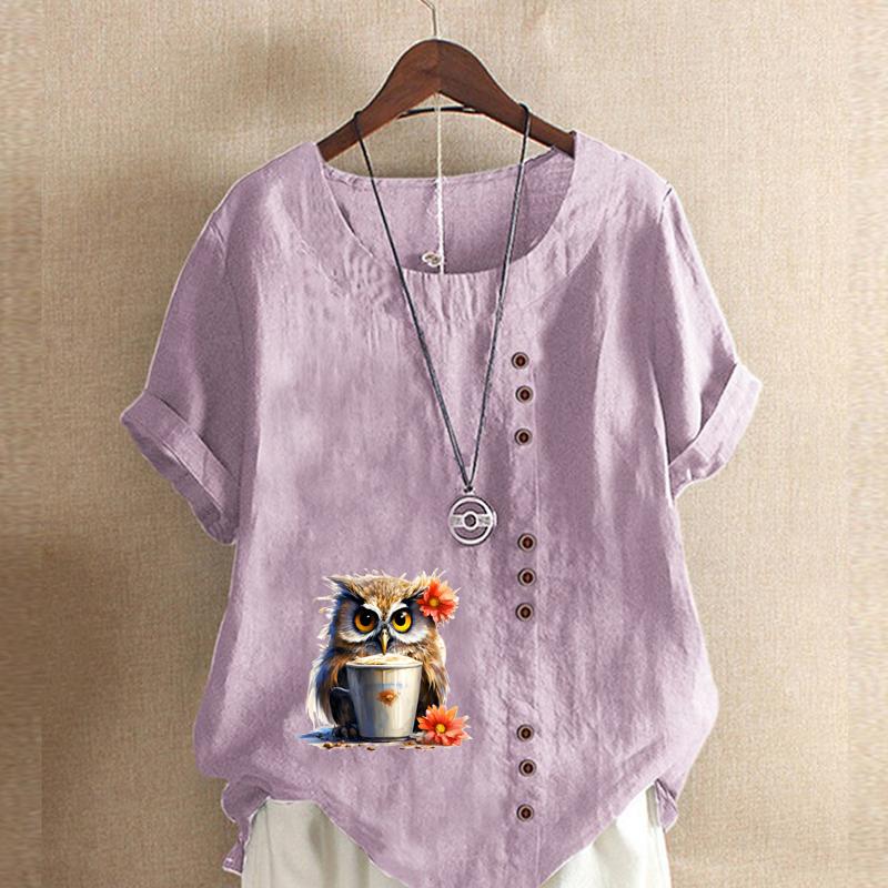 Women's Fashion Cartoon Owl Prined Short Sleeve T-shirt Loose Cotton Shirt Casual Loose Summer Blouse Tops Plus Size