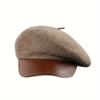 Vintage-Inspired Wool Beret with Faux Leather Brim - British Style, Color Block Design for Autumn & Winter