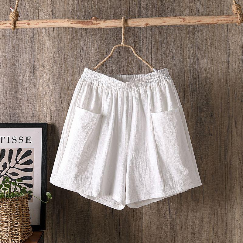 Женские шорты размера плюс, хлопковые льняные брюки, тонкие широкие брюки с эластичной резинкой на талии и высокой талией, свободные повседневные брюки из пяти частей