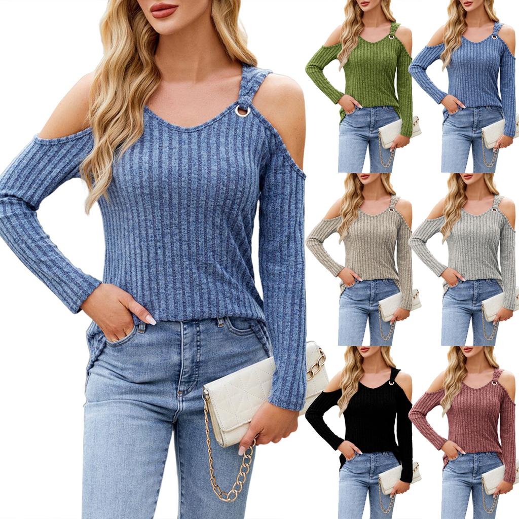 Женская мода однотонный V-образный вырез с открытыми плечами длинный рукав повседневный пуловер футболка топ