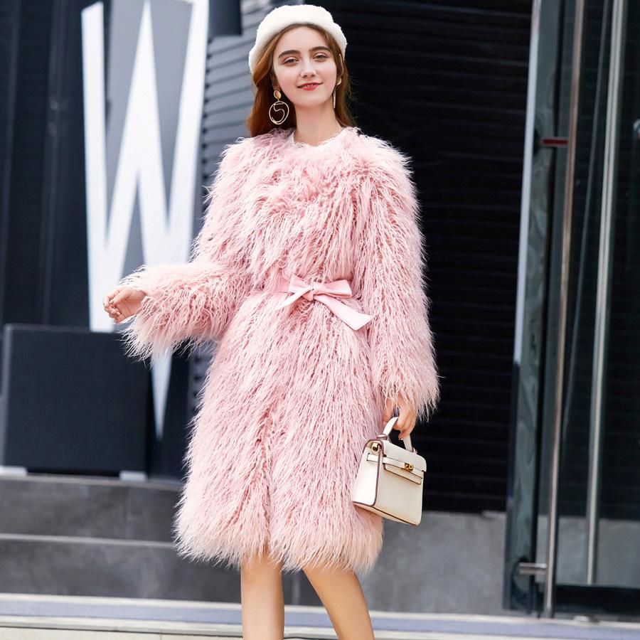 Пальто из искусственного меха из коричневой шерсти, корейское издание, однотонное шерстяное женское длинное пальто с поясом из овечьей шерсти