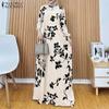Women Casual Round Neck Loose Long Sleeve Print Dress