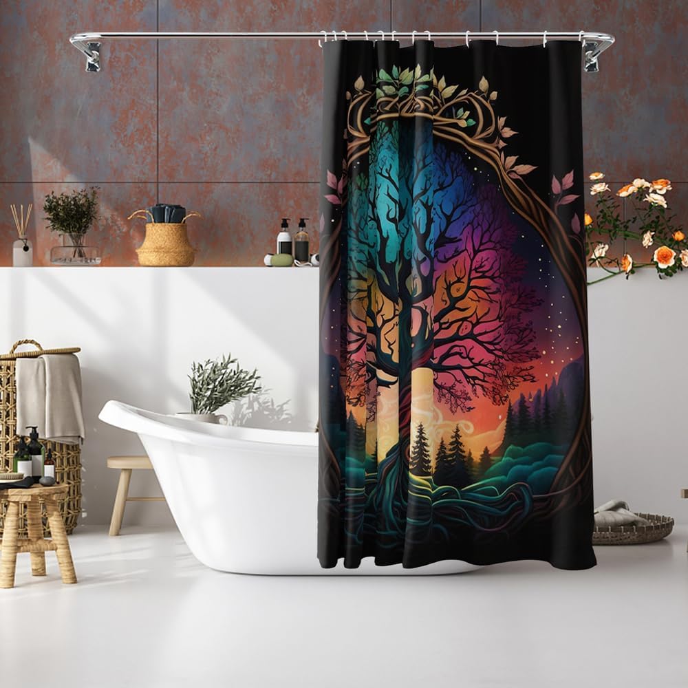 Черная шторка для душа Дерево жизни Небо Слон Неоновая ткань Растение Фэнтези Искусство Занавеска для ванной для женщин Украшение для ванны
