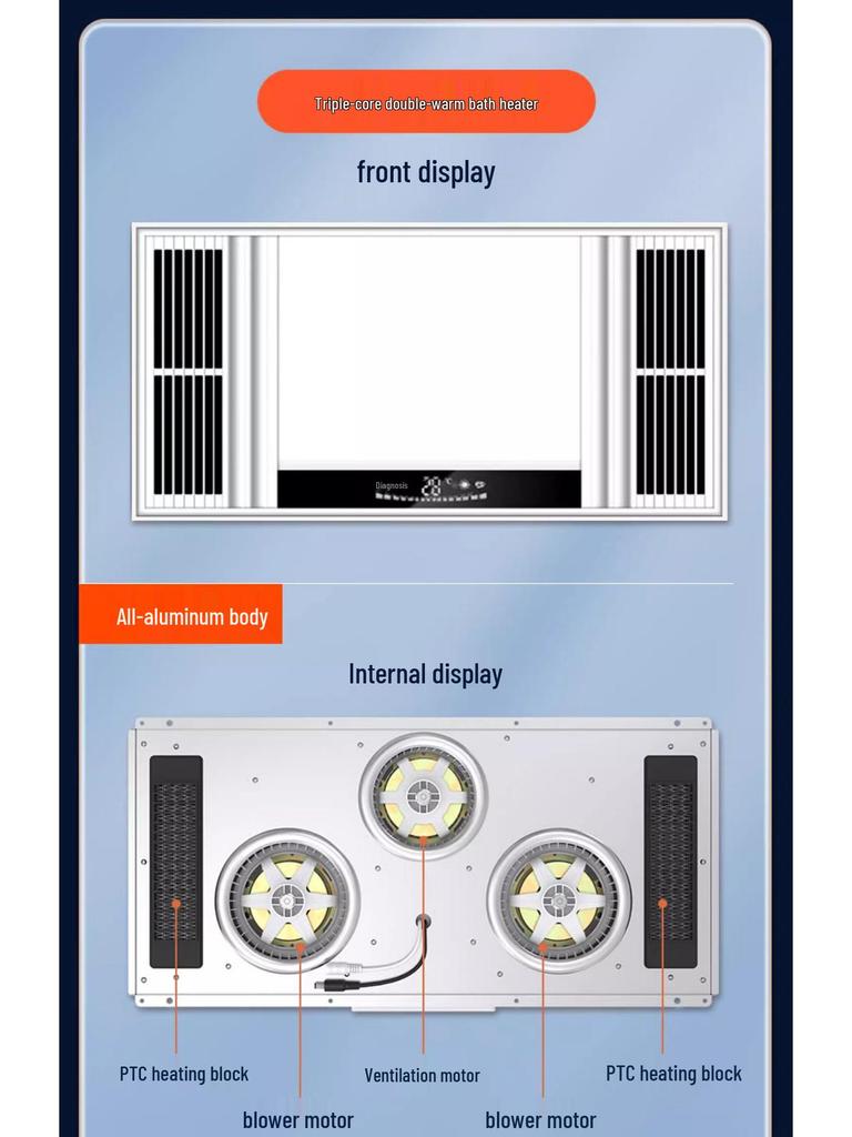 Smart Bathroom Heater: Integrated Ceiling Fan, Exhaust, Light, Warm Air Blower, and Heater.