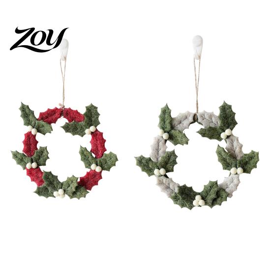 Festival Scene Ornament 8 Inch Felt Christmas Holly Wreath, Handmade Berry Hanging Wreath for Front Door, Winter Holiday Wall Window Decor