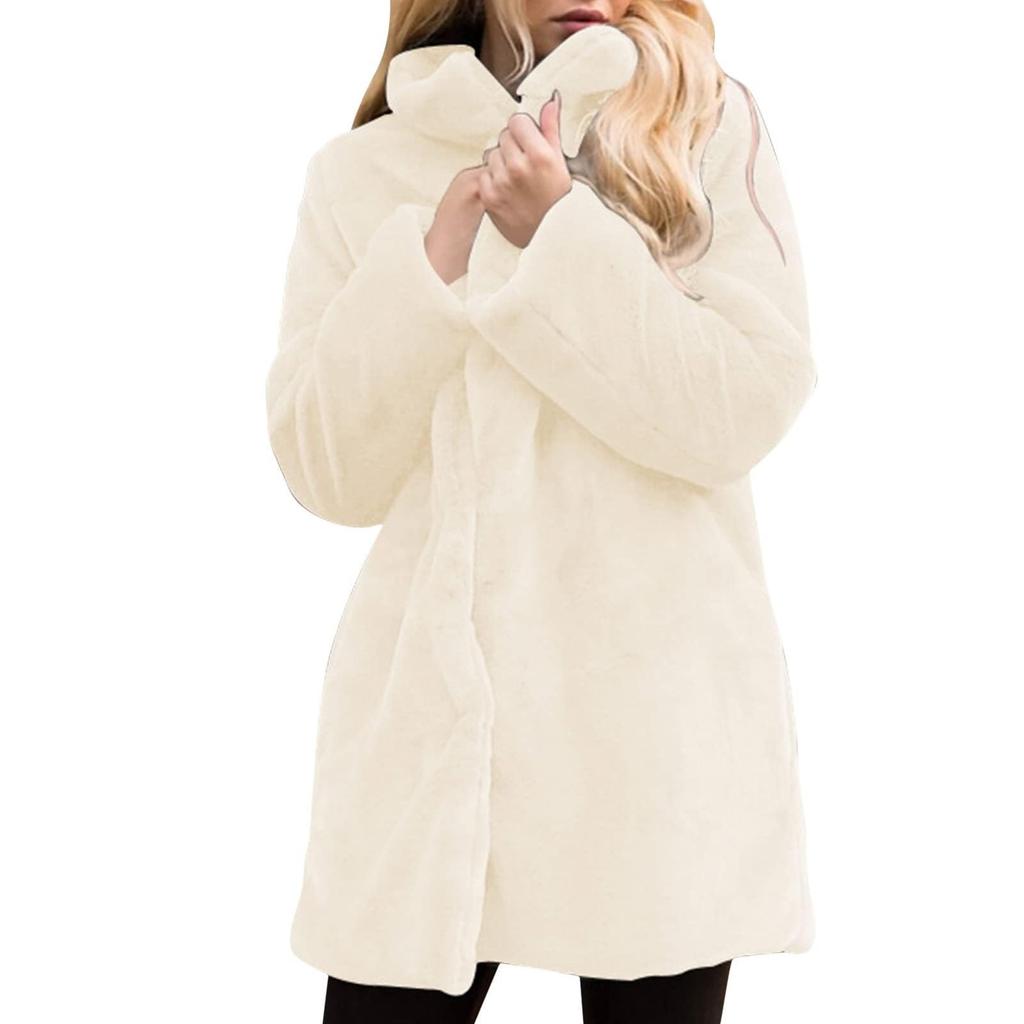 Women's Winter Faux Belt Pocket Plush Warm Jacket Notch Lapel Coat Outerwear Mid-Length