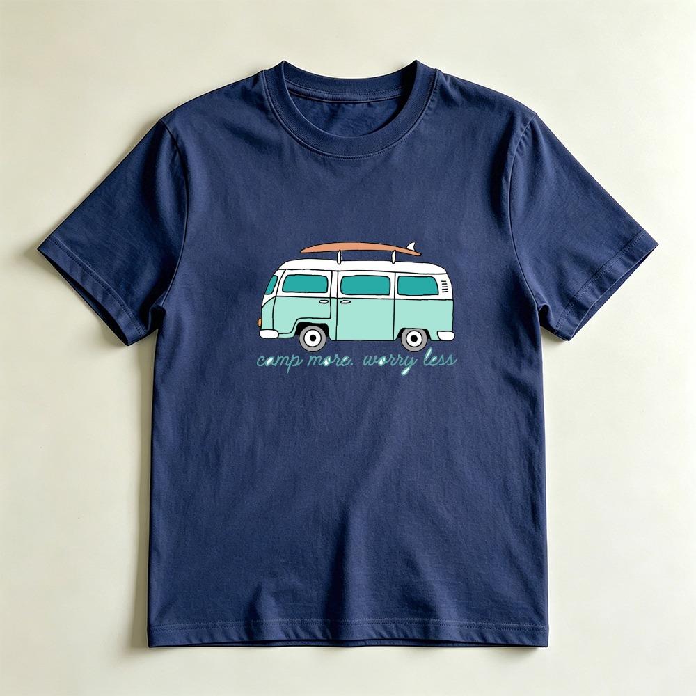 Camp More Worry Less Retro Surf Van Casual Graphic TShirt Beach Camping Lover Gift Tshirt Summer Vibe Adventure Casual Shirt