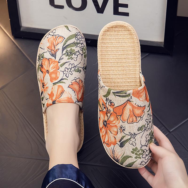 Удобный для использования в помещении, дышащий лен, всесезонная домашняя ткань, классные тапочки для мужчин и женщин, напольное покрытие для пар, мягкая подошва, для домашнего использования