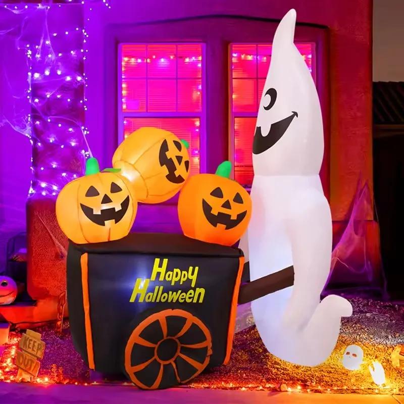 6FT Halloween Outdoor Inflatable Toys Ghost Push Pumpkin Cart with LED Lights Decoration Outdoor Holiday Party Inflatable Model