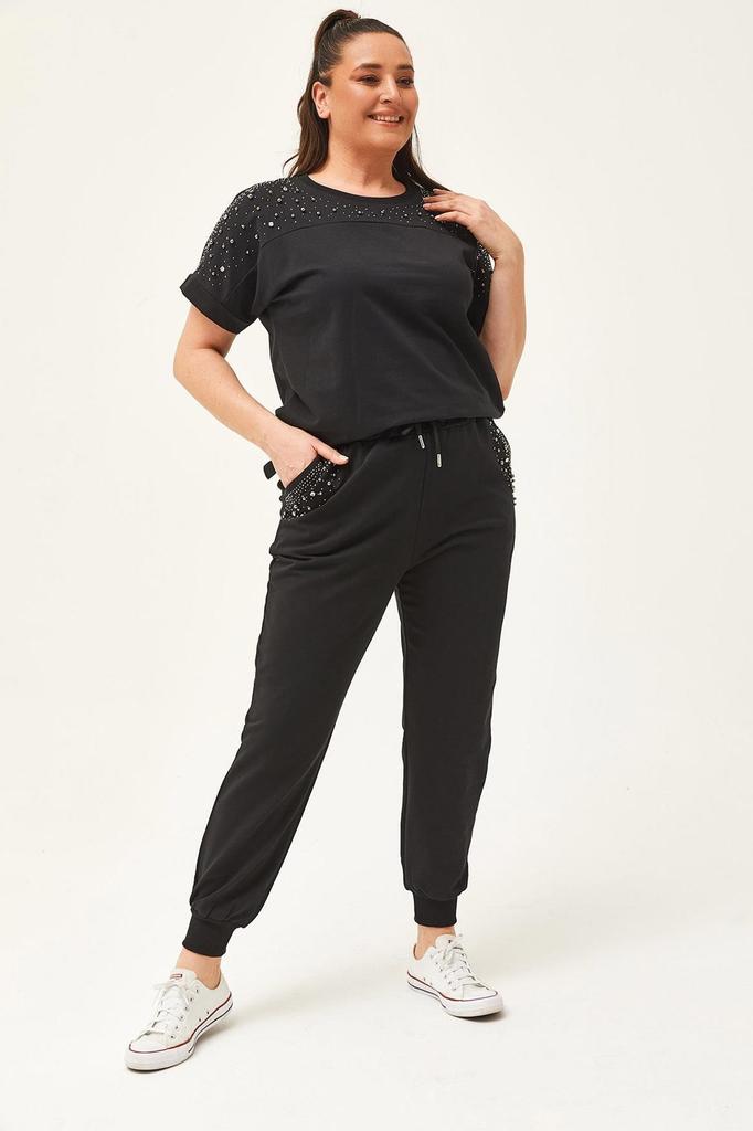 Женский модный спортивный костюм большого размера, летний зеленый спортивный костюм большого размера с камнями и бисером, с короткими рукавами