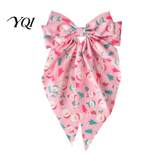 Fashionable Holiday Hair Styling Christmas Pink Bow Clip, Large Fabric Hairpin with Santa Soft Ties for Claus/Snowman/Snowflake Print Party and Daily