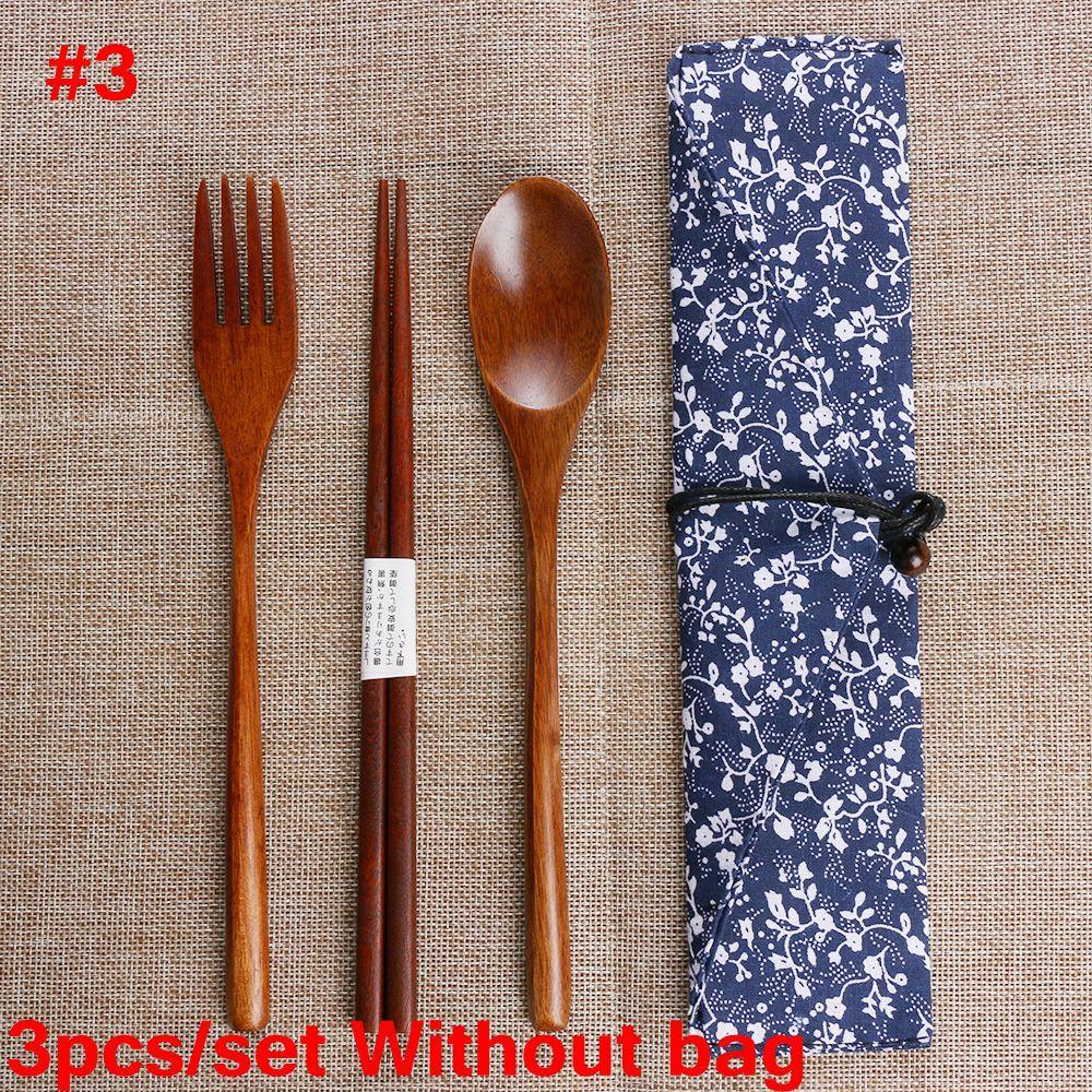 Japanese Style Portable Cutlery Set Spoon Fork Chopsticks Natural Wooden Cloth Bag