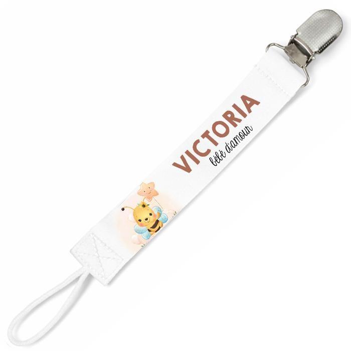 Planetee Attache tétine pour prénom VICTORIA bébé d'amour Abeille | Attache sucette cadeau naissance