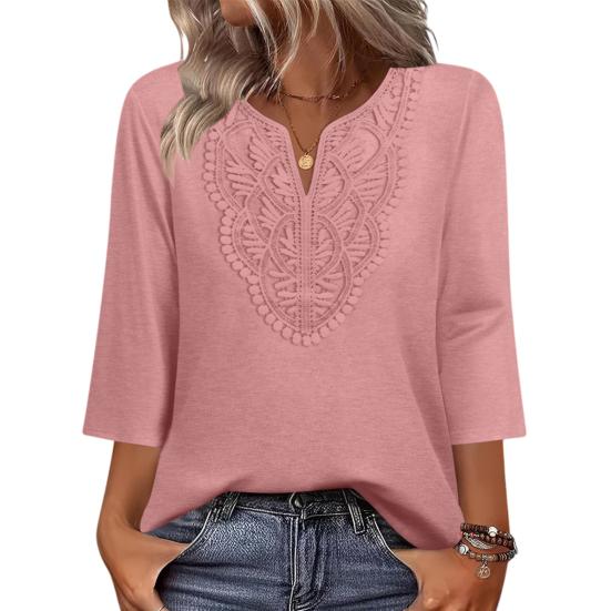 Женские топы с рукавом три четверти, V-образным вырезом, с узором из ажурной вышивки, свободного кроя, повседневная блузка, для повседневной носки