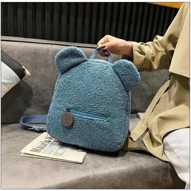 Cute Girl Plush Bear Backpack Winter Portable Kids Travel Shopping Storage Bag Woman Cute Bear Shaped Rabbit Handle Backpack