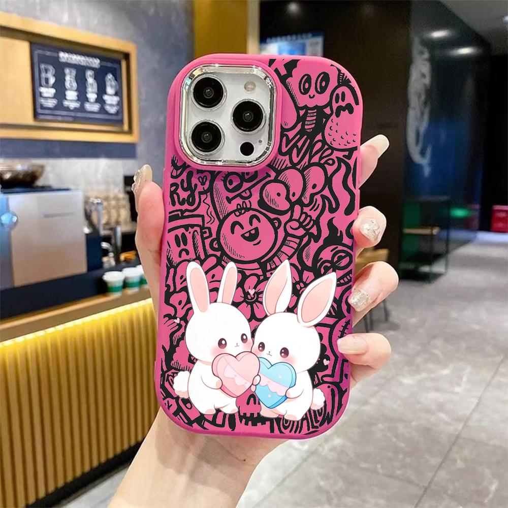 Phone case: 2D flat design suitable for iPhone 18 17 16 15 14 13 Pro protective case, couple style, love heart rabbit, Christmas and Halloween gift ..