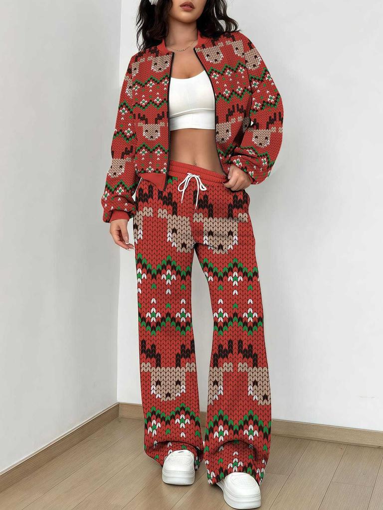 Pink Autumn And Winter New European And American Women'S Clothing Retro Pattern Printing Suit Women