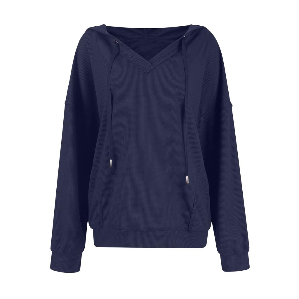 Женская повседневная модная однотонная толстовка с капюшоном и V-образным вырезом с длинным рукавом