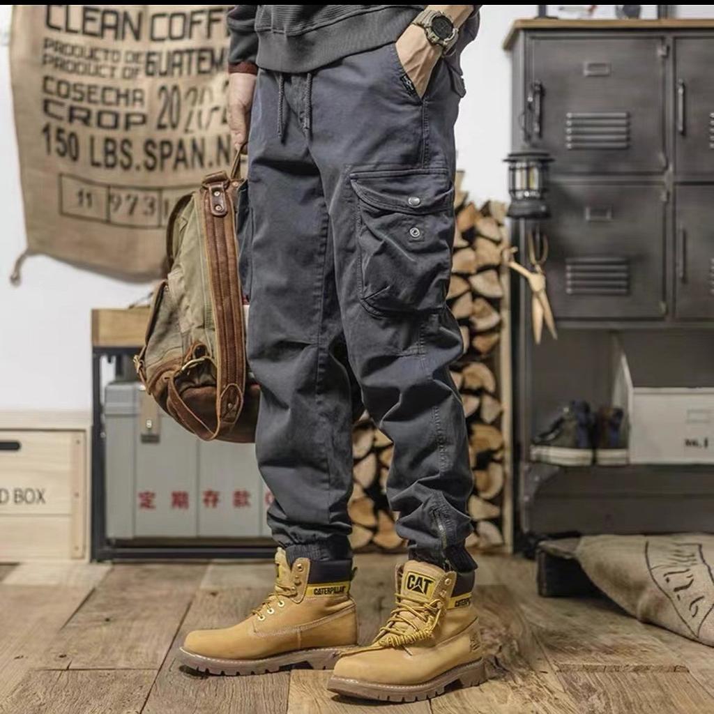 Multi Pockets Cargo Pants Men Streetwear Zipper Leg Skinny Work Joggers Cotton Casual Trousers