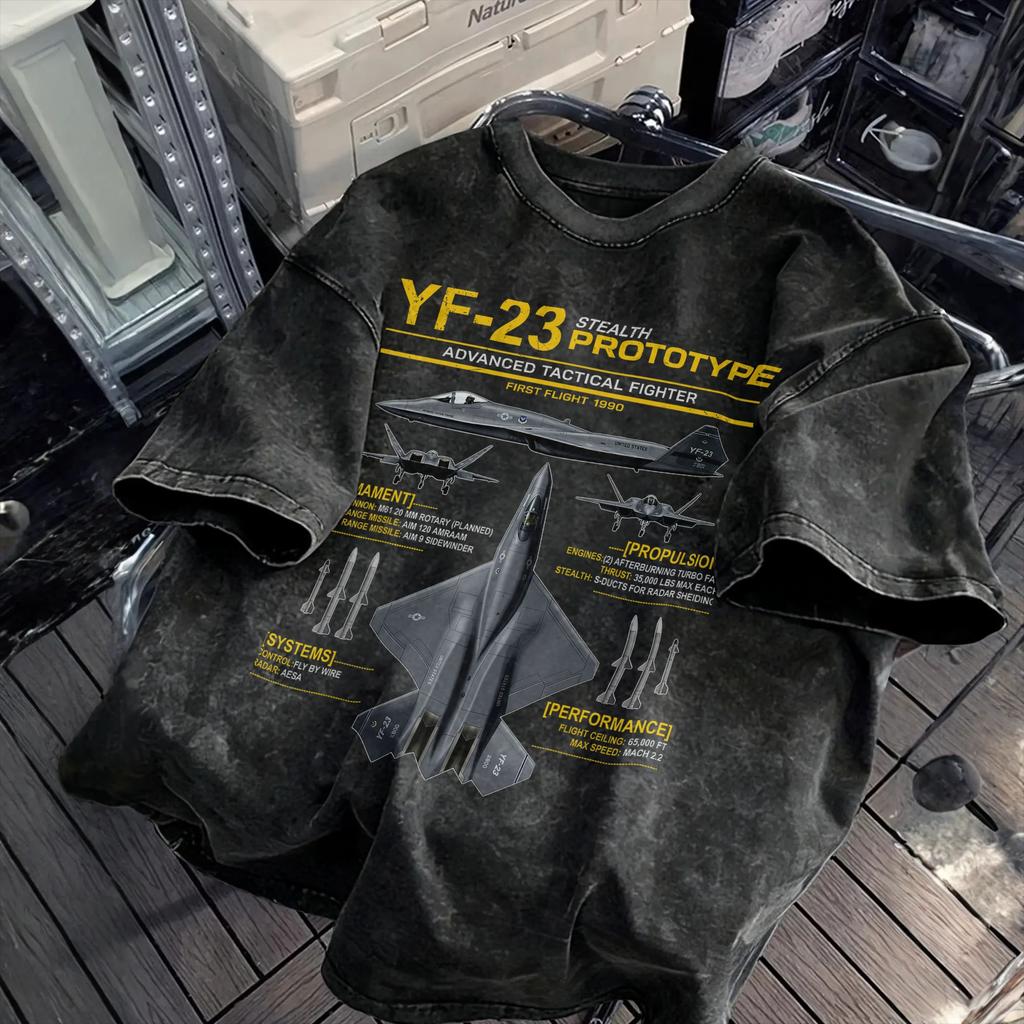 YF-23 Stealth Fighter Military Jet Spec Infographic Yellow Simple T-Shirts Novelty Tshirt for Male Summer Fun Casual Top Tees