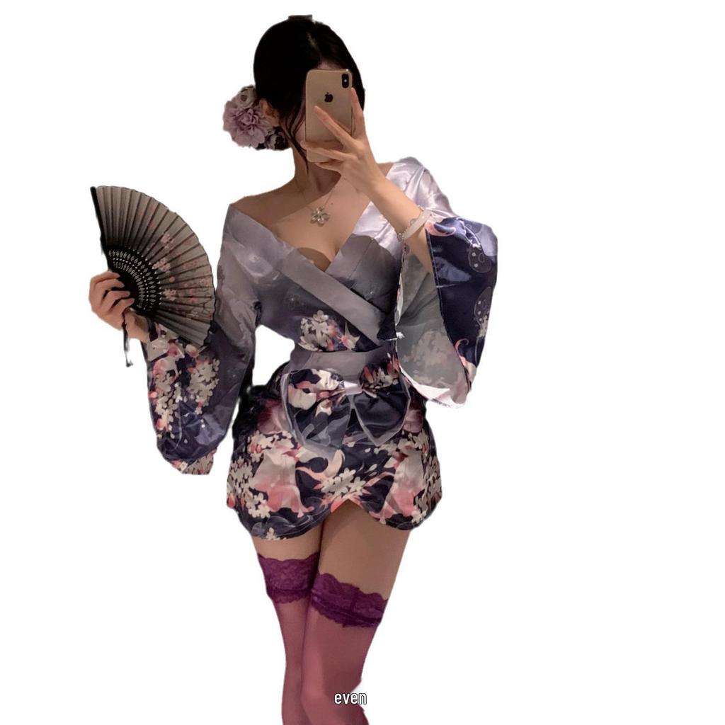 Sexy Deep V Open-Front Japanese Kimono Pajama Set for Women