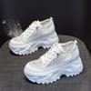 Fujin 8cm Lace Sequined Air Mesh Cow Genuine Leather Chunky Sneakers Wedge Platform Breathable Hollow Vulcanized Summer Ladies