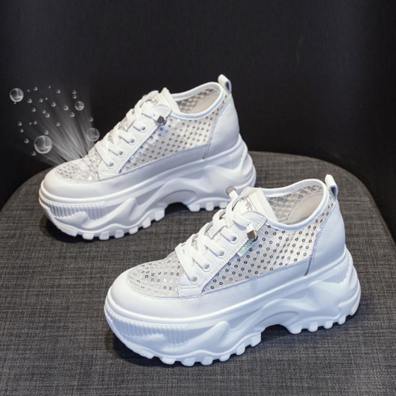 Fujin 8cm Lace Sequined Air Mesh Cow Genuine Leather Chunky Sneakers Wedge Platform Breathable Hollow Vulcanized Summer Ladies