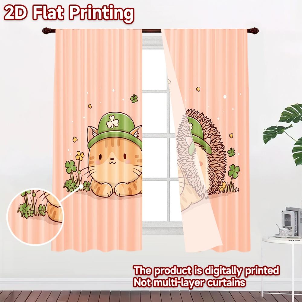 2D плоская печать 2 шт. Шторы Милый Кот Ежик Клевер Цифровая Печать Полиэстер Занавески Праздничный Декор Стены Использование для Фото