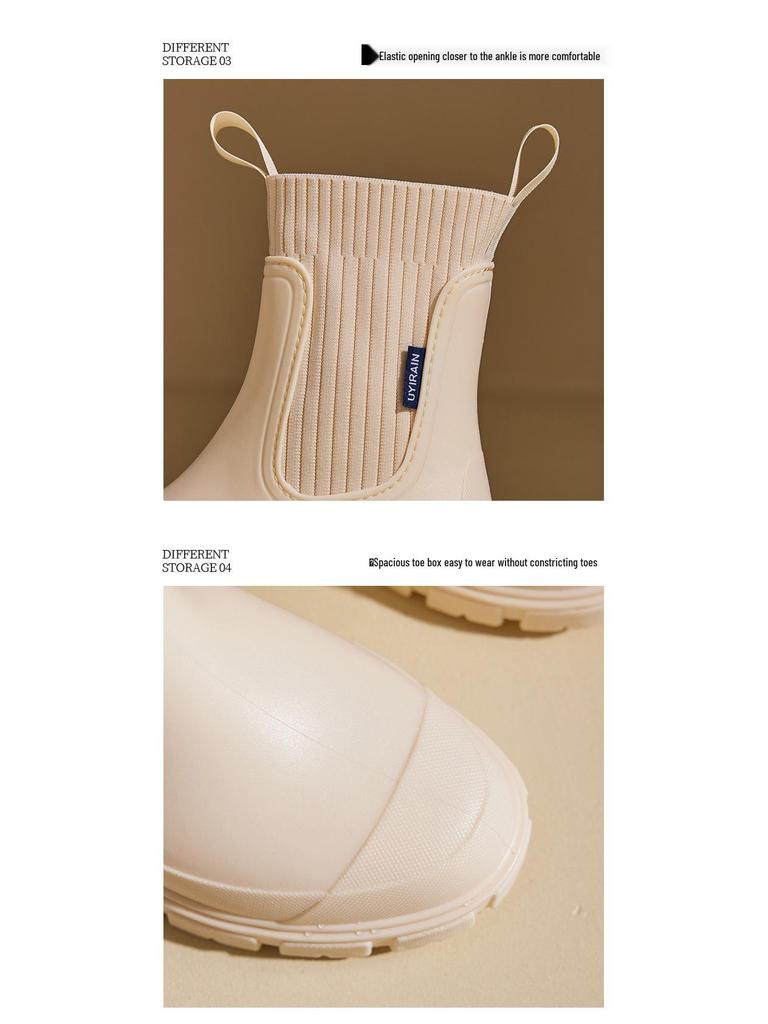 Women's Elastic Mid-Calf Waterproof Fashion Rain Boots - Wear-Resistant, Non-Slip, Height-Increasing, Solid Color.