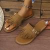 Fashion Large Size Flat Bottom Clip Toe Slippers Women 2025 New Tassel Belt Buckle Decoration Outer Wear Beach Slippers Casual Shoes