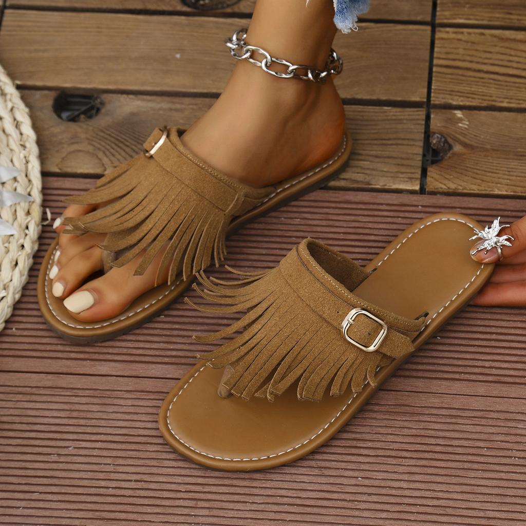 Fashion Large Size Flat Bottom Clip Toe Slippers Women 2025 New Tassel Belt Buckle Decoration Outer Wear Beach Slippers Casual Shoes