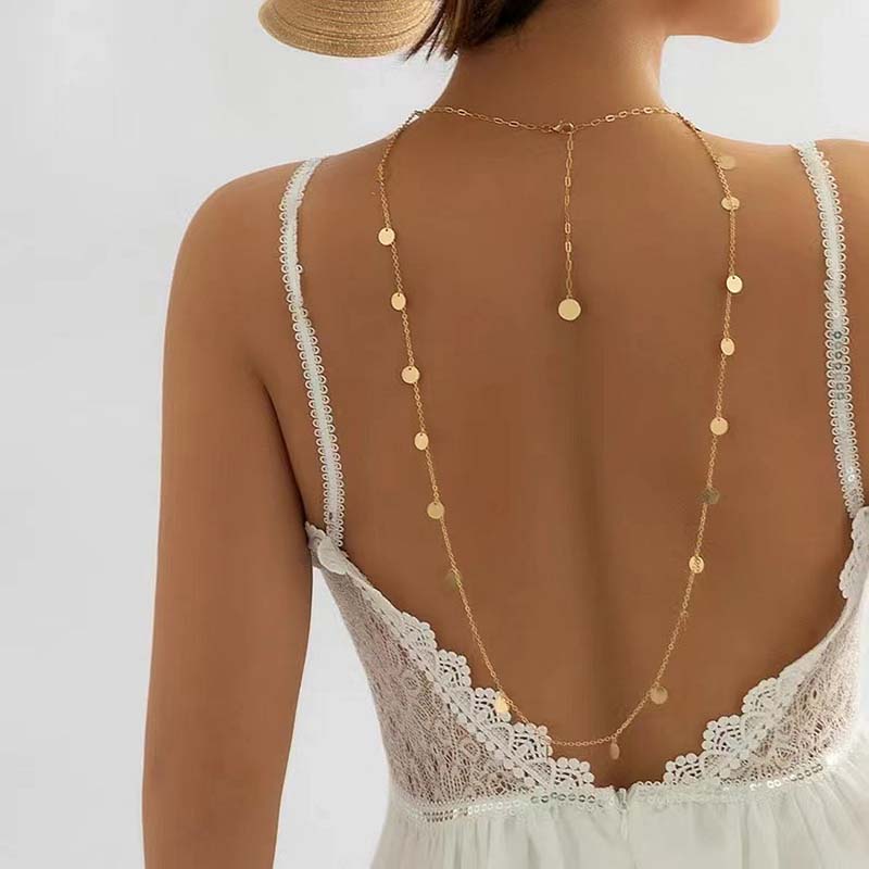 Fashion Metal Sequin Round Pendant Back Chain Necklace For Women Simple Long Tassel Sexy Body Chain Jewelry Accessories
