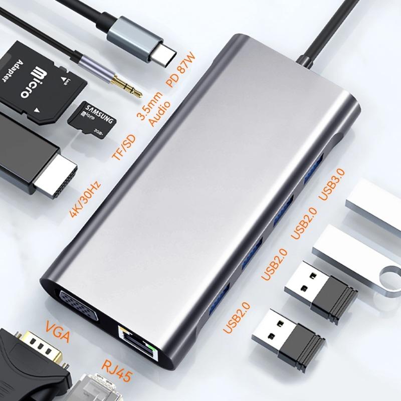 Адаптер USB C HUB Type C 4K 30 Гц HDMI-совместимый VGA RJ45 Lan Ethernet SD/TF PD 87 Вт Док-станция для ноутбука для MacBook Pro Air Разветвитель USB 3.0