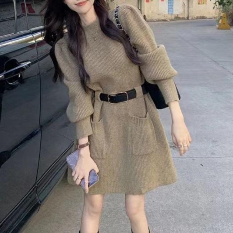 Женское трикотажное платье большого размера в корейском стиле, модное, зимнее, осеннее, с чувством дизайна, с облегающей талией, базовый слой, юбка, трендовое