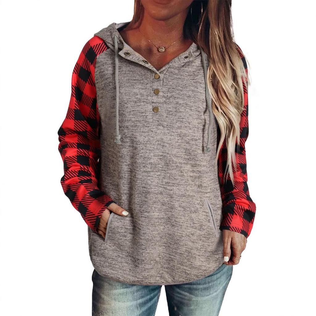 Shiying Плед Колорблок Вафельный Свитшот - Женский Повседневный Осенне-Зимний Топ на Пуговицах