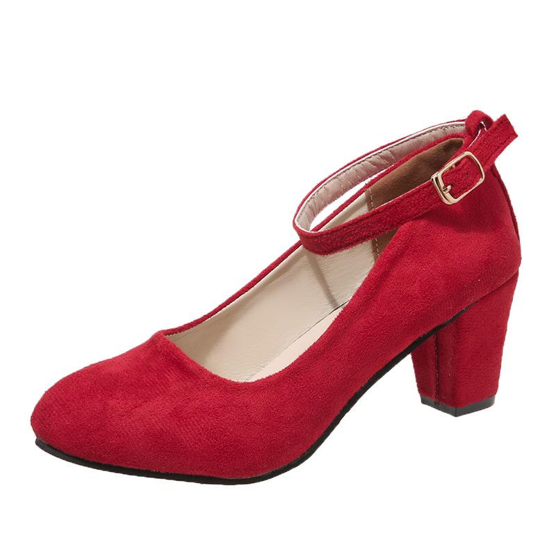 Женские туфли на высоком каблуке весна и осень новая мода ремешок с пряжкой на одно слово толстый каблук одинарные туфли замшевые свадебные туфли для тоста туфли невесты