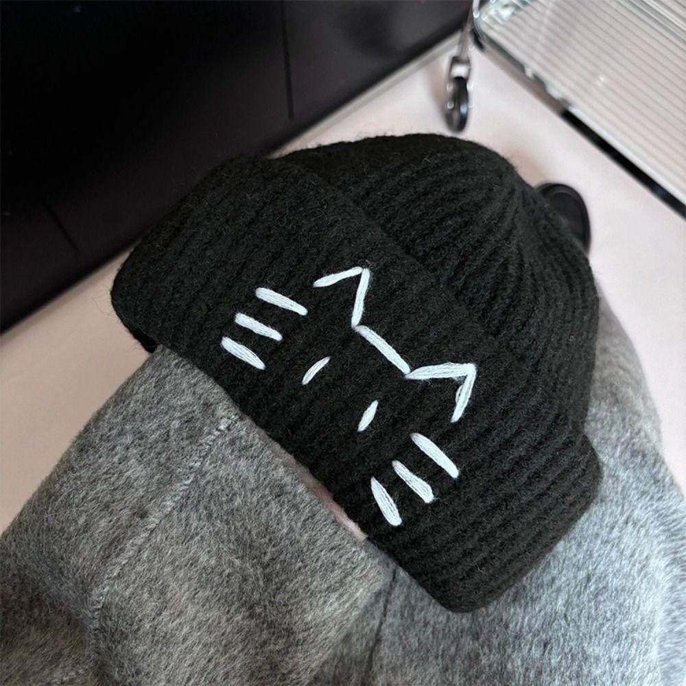 Wool Knit Beanies Embroidered Kitten Printing Knit Cap Casual Cute Cat Knitted Hat Girls
