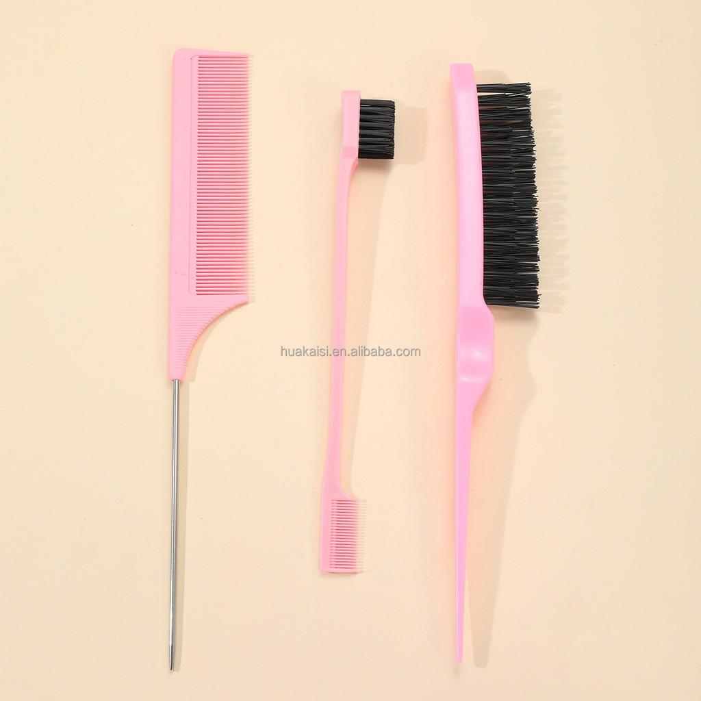 Custom 3 Pieces Hair Styling Comb Set Multicolor Bristle Teasing Hair Brush Edge Control Brush Rat Tail Comb Set