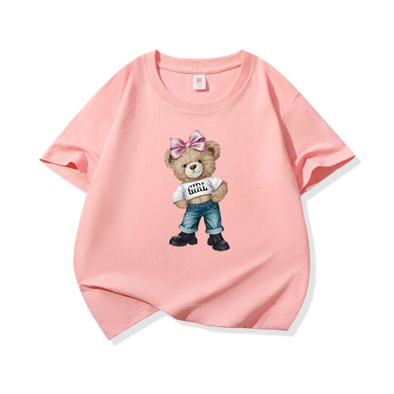 Girl Bear With Pink Bow Graphic Tee Kids Pure Cotton Crew Neck T Shirt Short Sleeve Muticolor Tops For Boys Girls Children