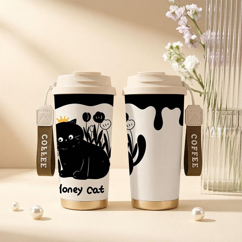 Coffee Mug 532ml Crown, Black Cat & Tulip Elements Lanyard Insulated Cup Lightweight Cup Large Capacity Cup Car Cup Heat Proof Travel Cup