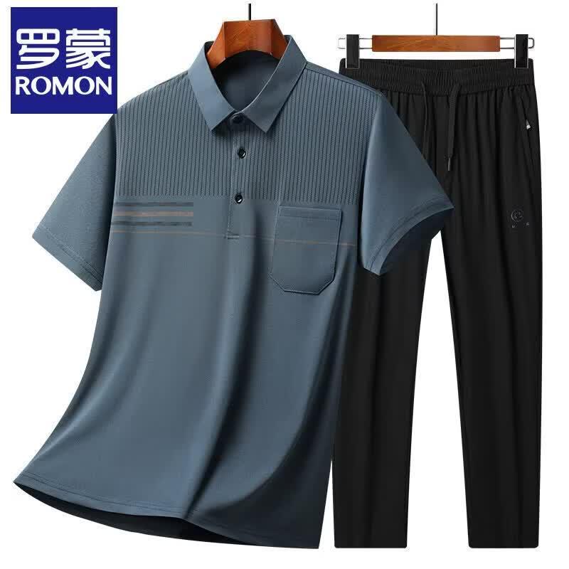 Romon Men's Ice Silk Polo Two-Piece Set