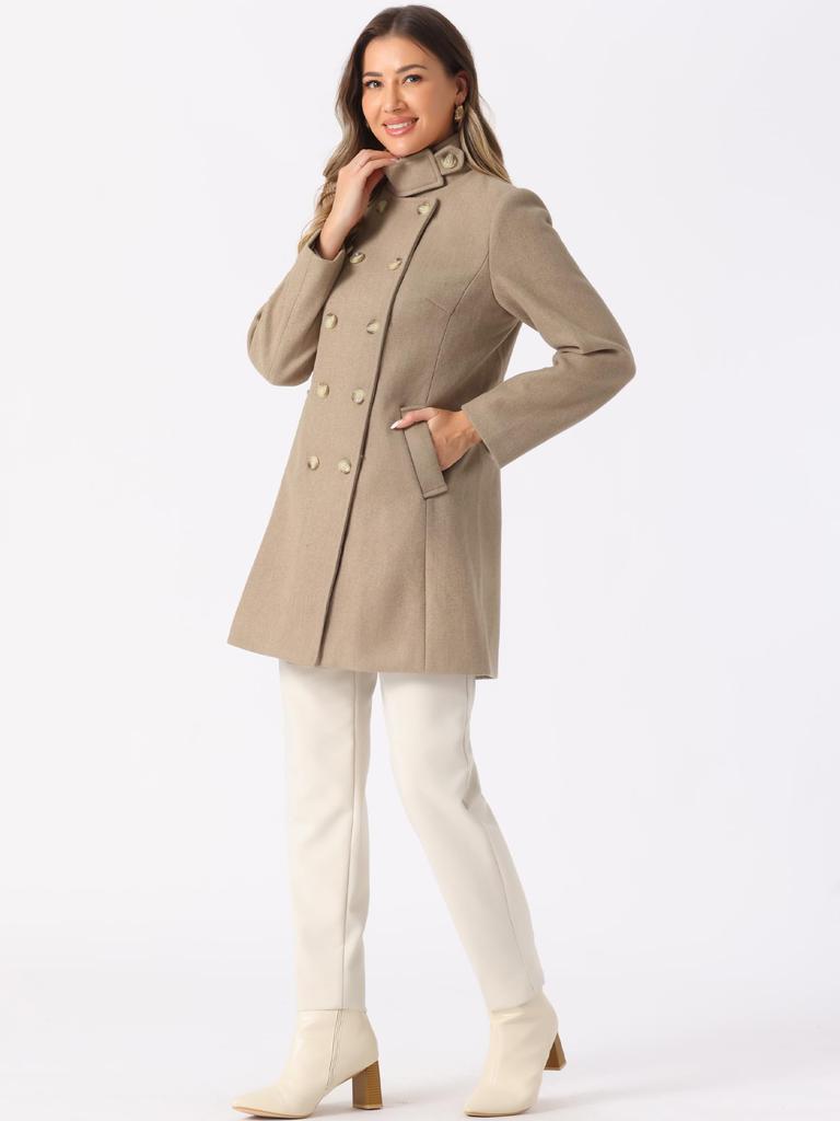 Allegra K Women's Winter Double-Breasted Stand Collar Classic Peacoat, Brown, Size L